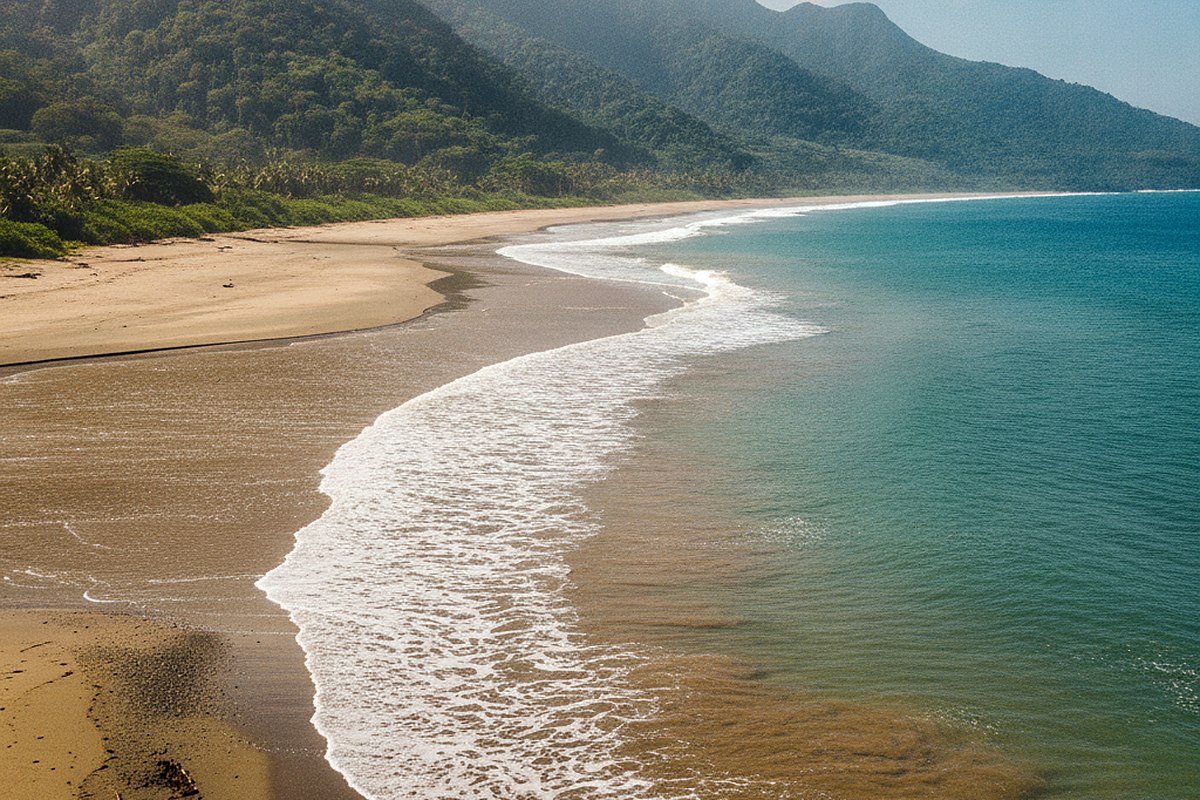 A wide beach with brown river water spreading in a fan into clear blue ocean